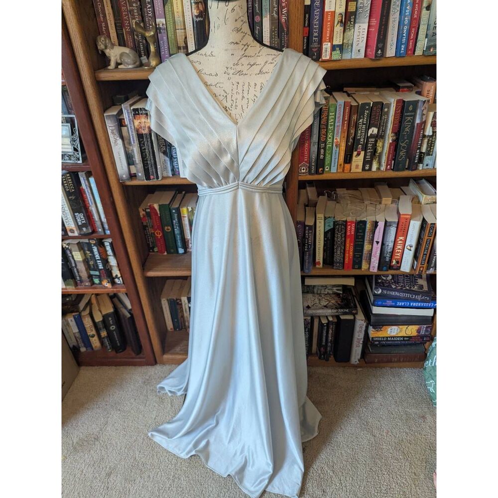 Vintage Emma Domb California Blue Pleated Draped Grecian Maxi Gown Women's sz 14
